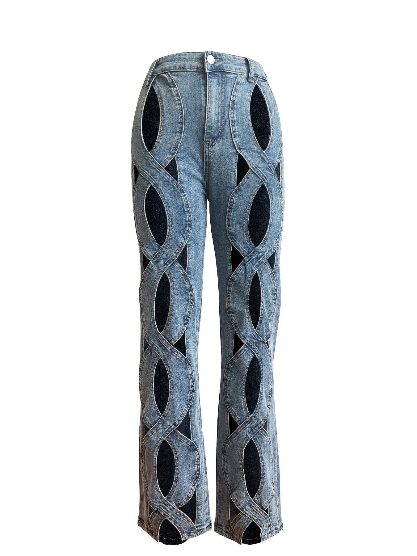 Vintage Cutout Hollow Out Criss Cross Straight Denim Pants High Waist Wide Leg Jeans Trousers