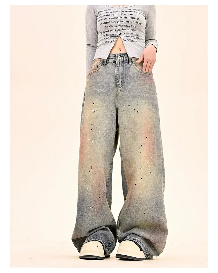 American Fashion Tie-Dye Graffiti Straight Leg Wide Jeans Straight Leg Loose Jeans Hip-hop Street Baggy Jeans