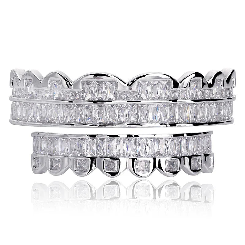 Baguette Teeth Grillz Set For Unisex Top Bottom Iced Out Cubic Zircon Stone Brass Material Hip Hop