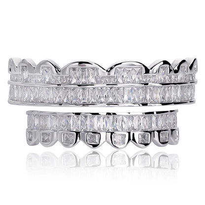 Baguette Teeth Grillz Set For Unisex Top Bottom Iced Out Cubic Zircon Stone Brass Material Hip Hop