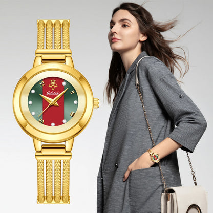 Ladies Quartz Watch Rhinestone Analog Scale Luxury Gold Watch Skeleton Wristband Gift Boxed