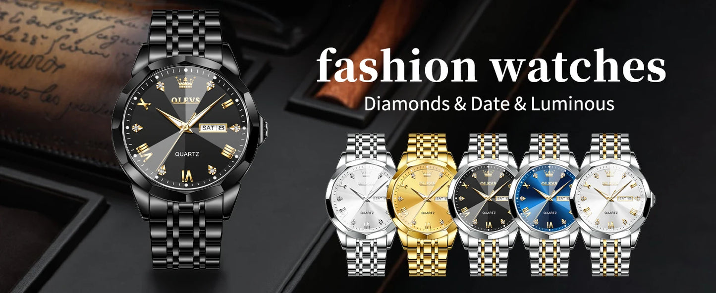 Gold Original Quartz Wristwatch Waterproof Luminous Watch for Male Rhombus Mirror Date Week