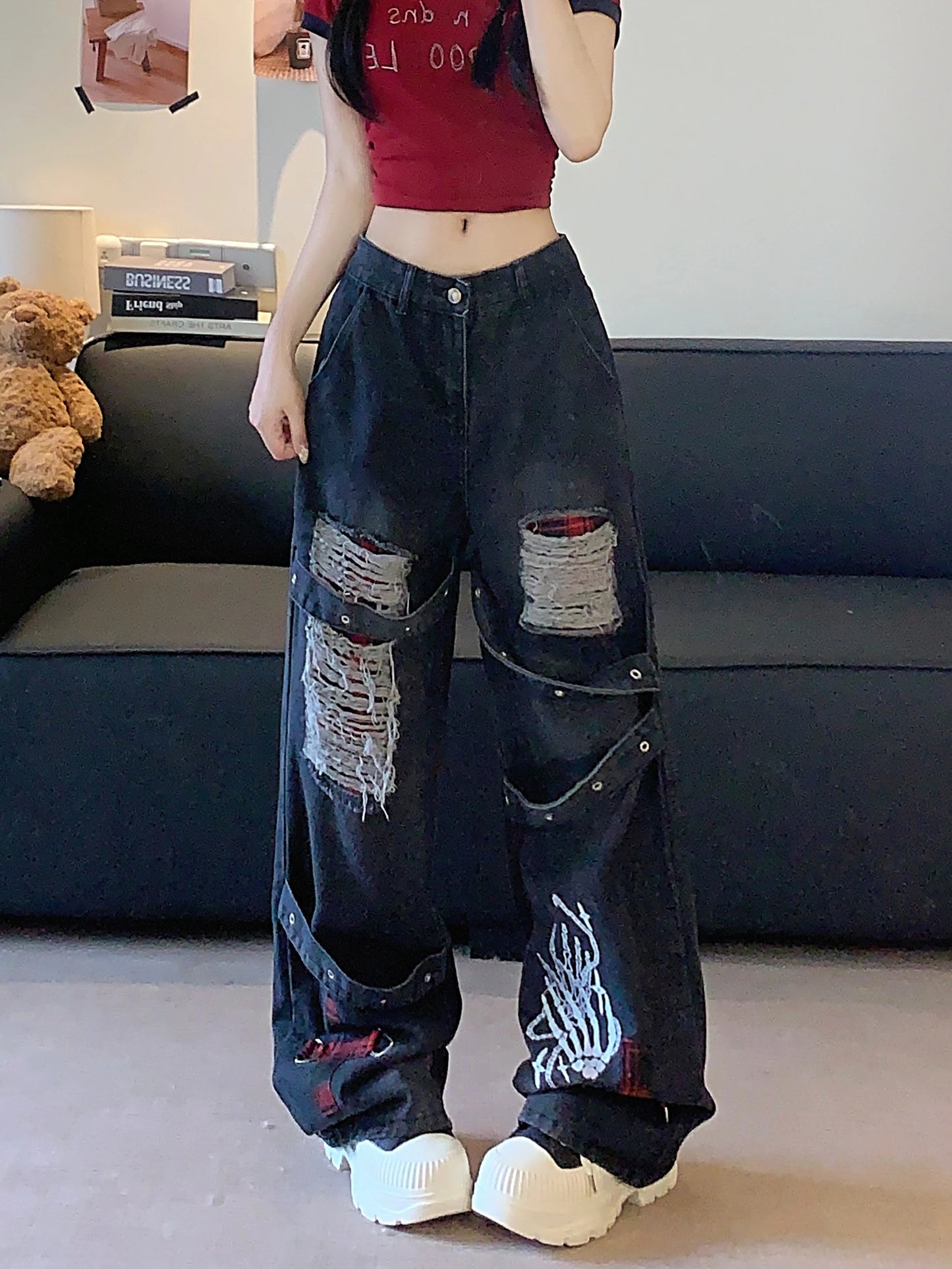 Women's Black Gothic Baggy Jeans Y2K Japanese Harajuku High Street High Waist Fashion Loose Wide Leg Retro Jeans Clothing 2025