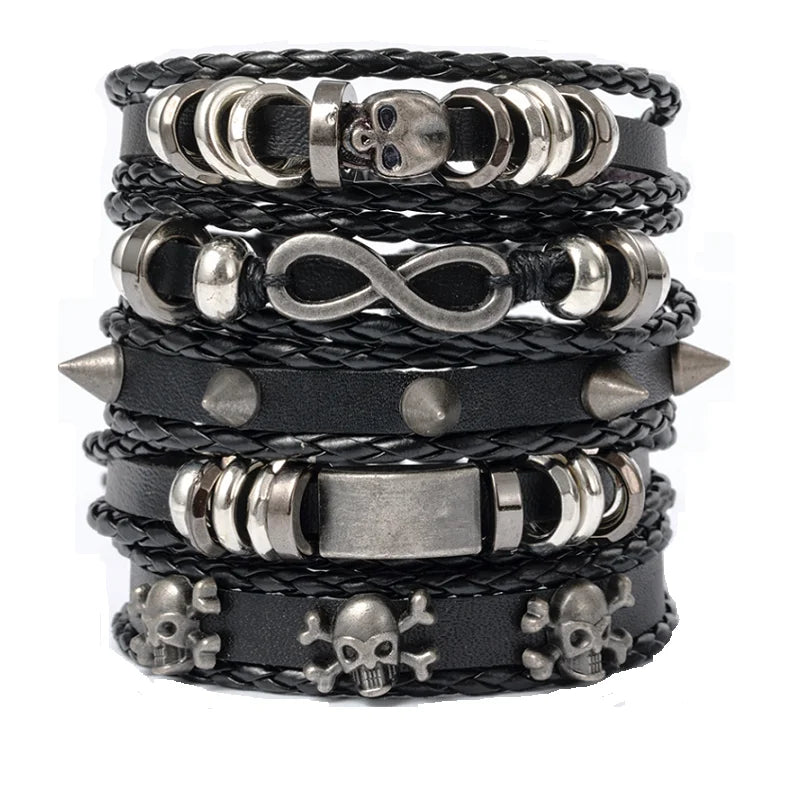 Punk Multilayer Antique Leather Bracelet Set Skull Eye Star Charms Hiphop Rock Y2K Vintage Pu Gothic Wristband Man Goth Jewelry