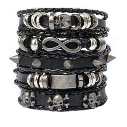Punk Multilayer Antique Leather Bracelet Set Skull Eye Star Charms Hiphop Rock Y2K Vintage Pu Gothic Wristband Man Goth Jewelry