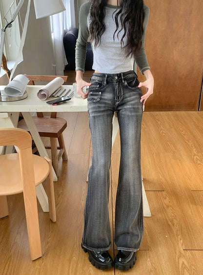 Women Gothic Y2k Flare Jeans Harajuku Baggy Denim Trousers 90s Aesthetic Low Waist Jean Pants Vintage 2000s Trashy Clothes 2024