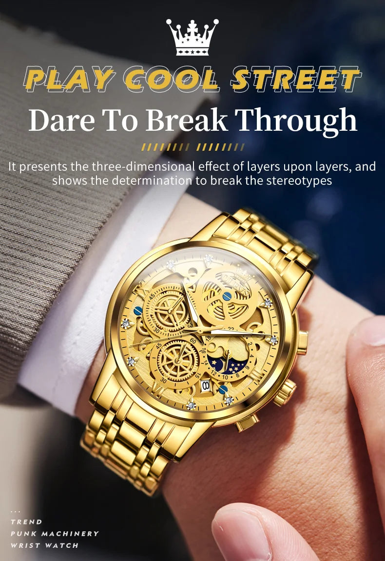 Top Brand Luxury Original Waterproof Quartz Watch for Man Gold Skeleton Style 24 Hour Day Night New