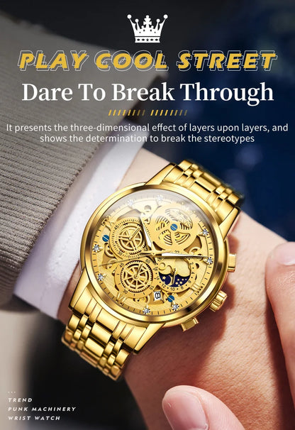 Top Brand Luxury Original Waterproof Quartz Watch for Man Gold Skeleton Style 24 Hour Day Night New