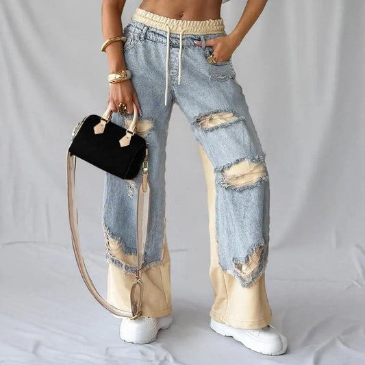 Women's Large Hole Patchwork Jeans High Waist Wide Legs Casual Bottoms Denim
