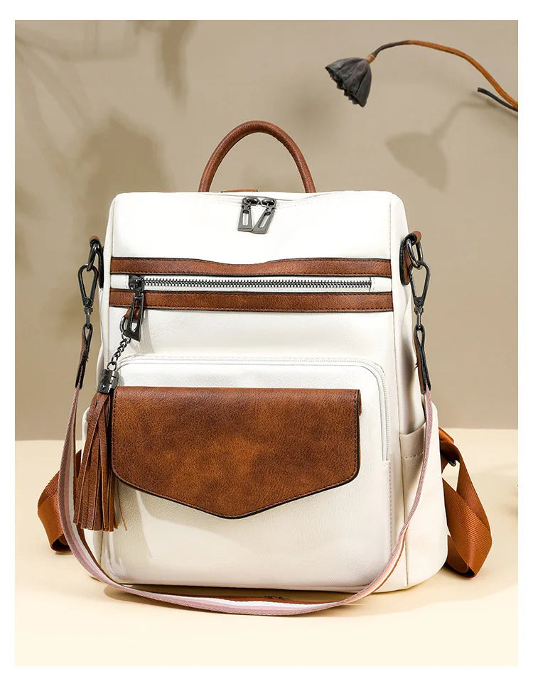 Backpack for Women Large Womens Backpack Leather Purse Designer Ladies Shoulder Bags with Tassel Two-toned Brown