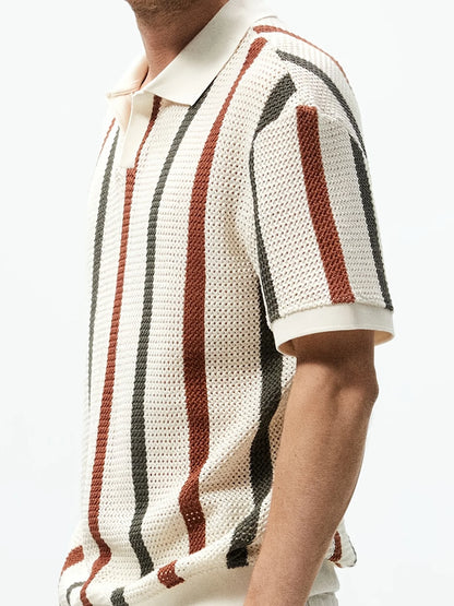 Chunky Knit Short-Sleeve Polo Shirt With Stripes And Contrast Colors, Casual Wear