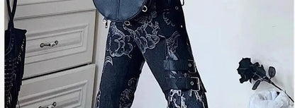 American Subculture Printed Dragon Pattern Raw Edge Slightly Flared Jeans Women's Low-waisted Slim Fit Flared Pants