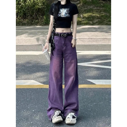 Women's Purple Baggy Jeans Harajuku Aesthetic Y2k Oversize Denim Trousers High Waist Cowboy Pants Vintage 2000s Trashy Clothes