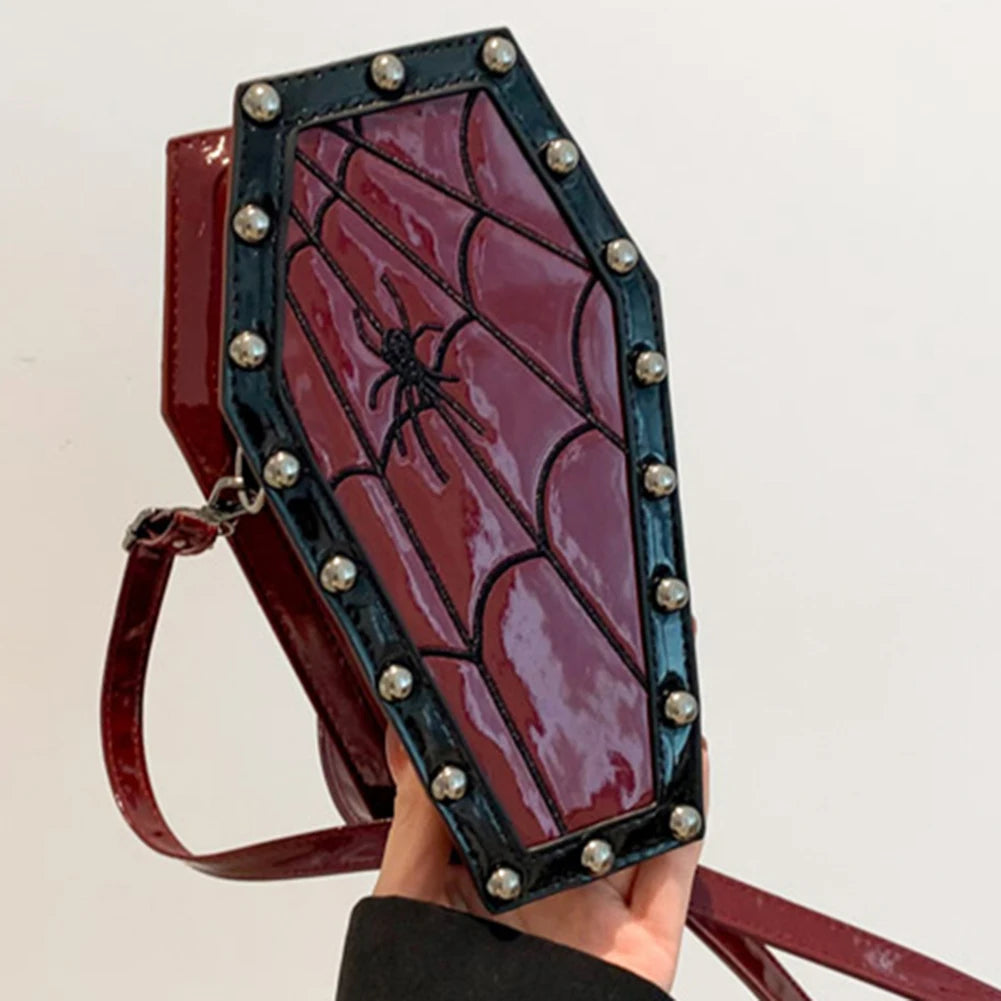 Women Coffin Satchel Purse Cartoon Gothic Coin Purse Strap Adjustable Casual Spider Coffin Bag
