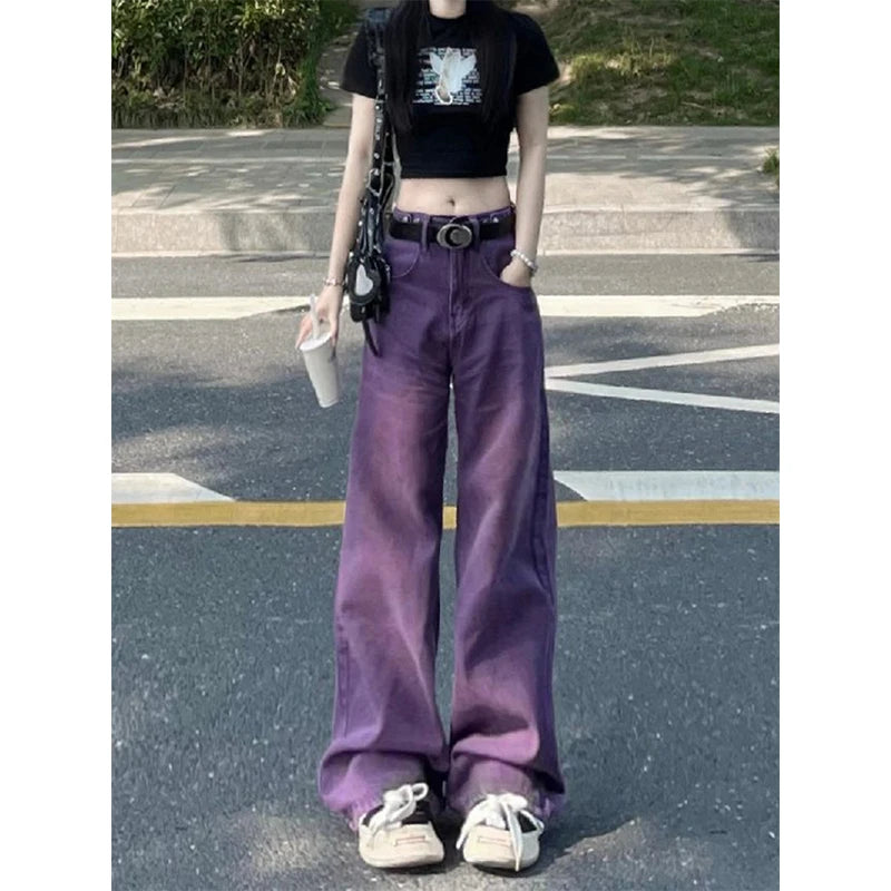 Women's Purple Baggy Jeans Harajuku Aesthetic Y2k Oversize Denim Trousers High Waist Cowboy Pants Vintage 2000s Trashy Clothes