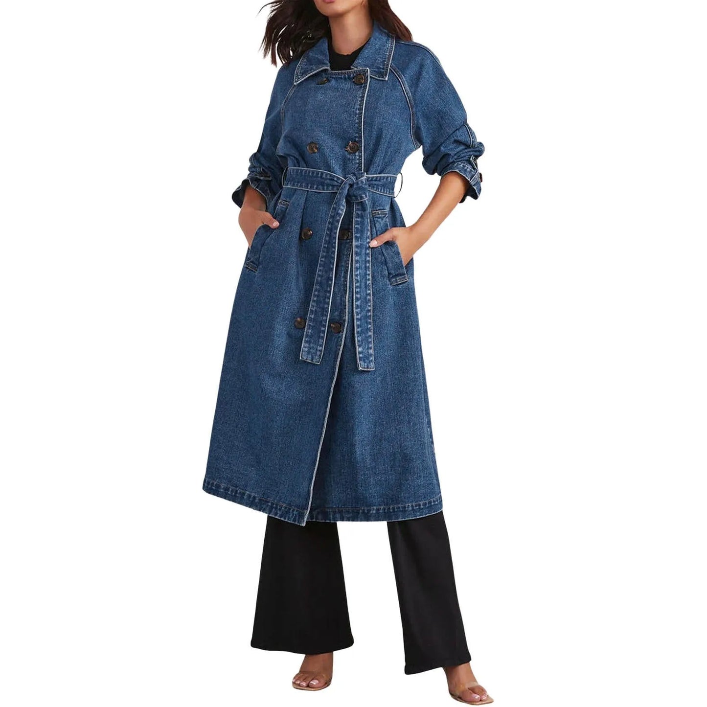 Jean Jacket Midi Loose Double Breasted Denim Jacket Ladies Autumn Trench