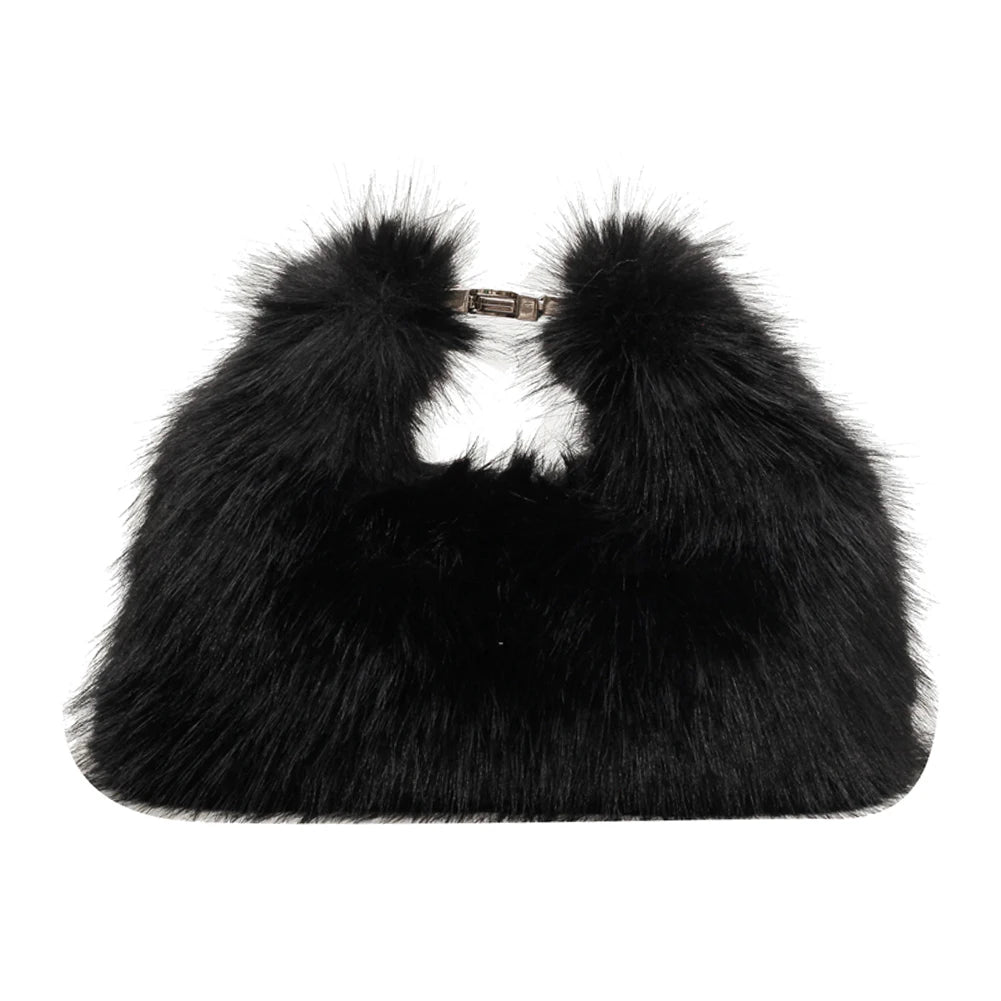 Women Faux Fur Shoulder Bag Adjustable Strap Fluffy Crossbody Bag Solid Color Clutch Purse Hobo Bag for Travel Party