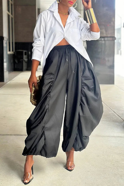 Ruched Drawstring Pants Harajuku Elastic Waist Loose Cargo Pant Casual