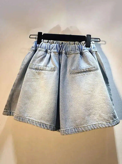 Women's Denim Shorts Colored Big Diamonds Drawstring Elastic Waist Wide Leg Short Pants