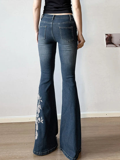 Woman's Flowers Embroidered Flared Denim Pants Slim Dragging Long Jeans