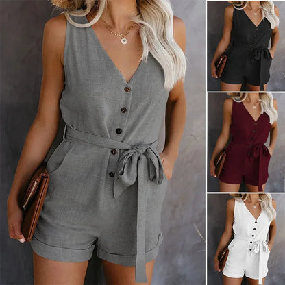 Women's Casual V-neck Monochromatic Jumpsuit, Five-Point Shorts