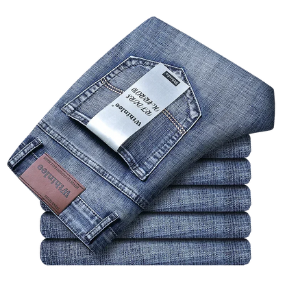 Men Classic Jeans Straight Regular Blue Stretch Denim Trousers Men's