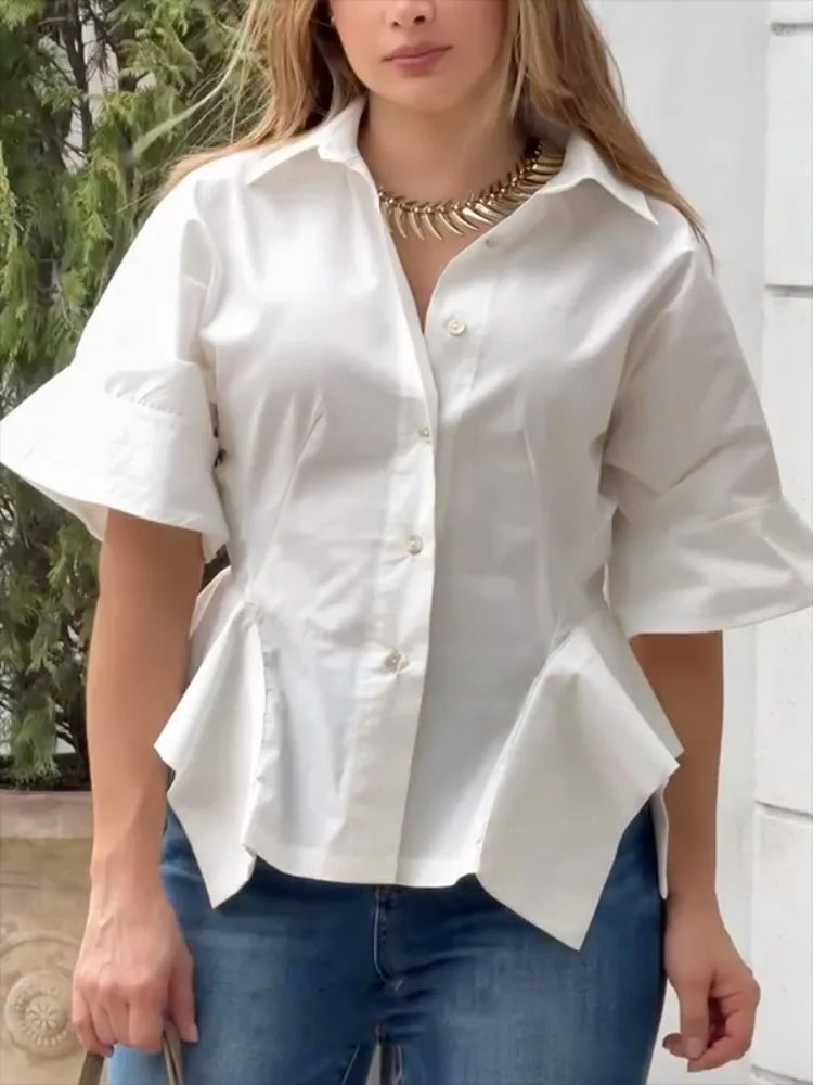Cotton White Blouses Half Sleeve Loose Buttoned Solid Color Casual Asymmetrical