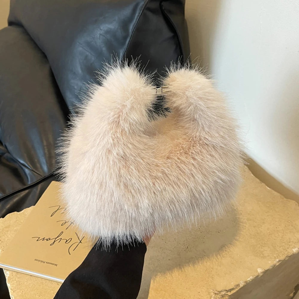 Women Faux Fur Shoulder Bag Adjustable Strap Fluffy Crossbody Bag Solid Color Clutch Purse Hobo Bag for Travel Party