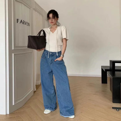 Metal Rivet Wide Leg Jeans Trousers Baggy Low Rise Pockets Denim