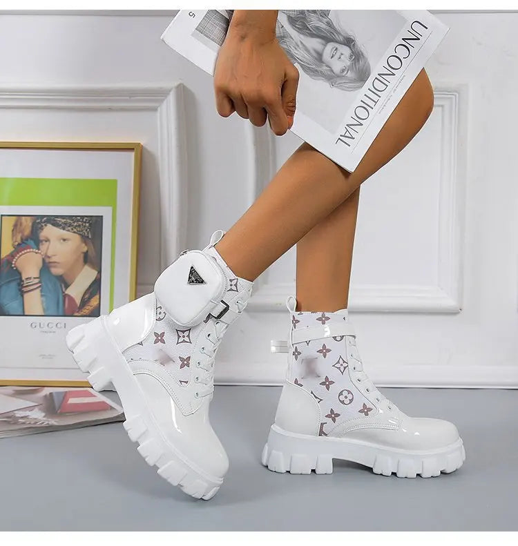 BLACK and White Ankel Boots Goth Platform Boots Snow Booties Woman