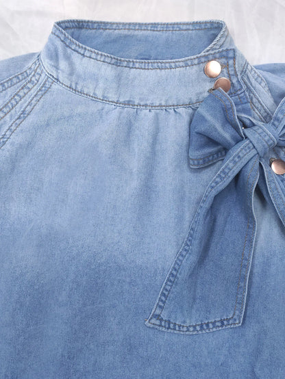 Women Denim Top Turtleneck Splice Puff Sleeve Shirts Loose Solid Pullovers Casual