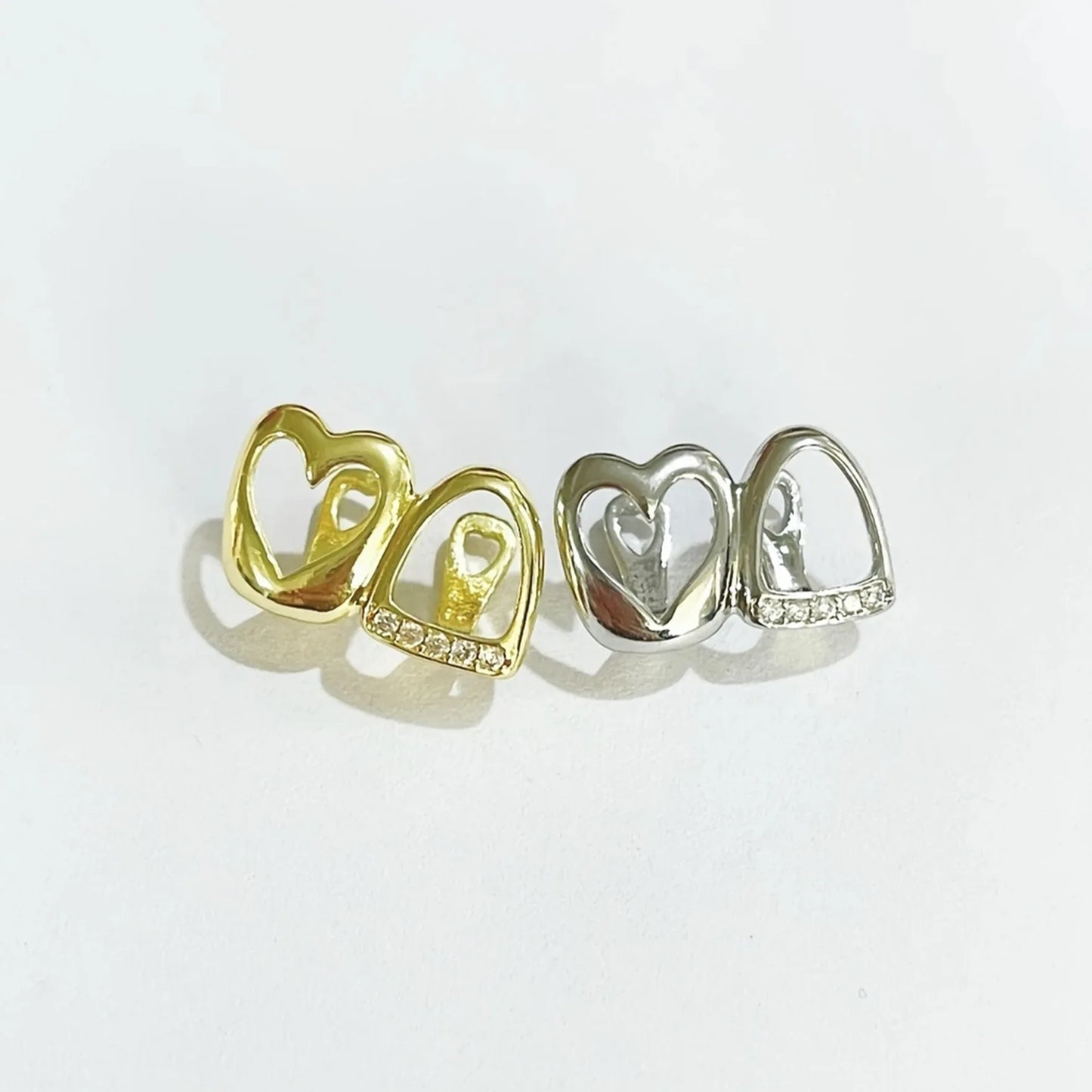 CZ Stone Double Hollow Heart Teeth Grillz Braces Vintage Punk Zircon Tooth Caps