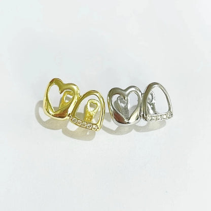 CZ Stone Double Hollow Heart Teeth Grillz Braces Vintage Punk Zircon Tooth Caps