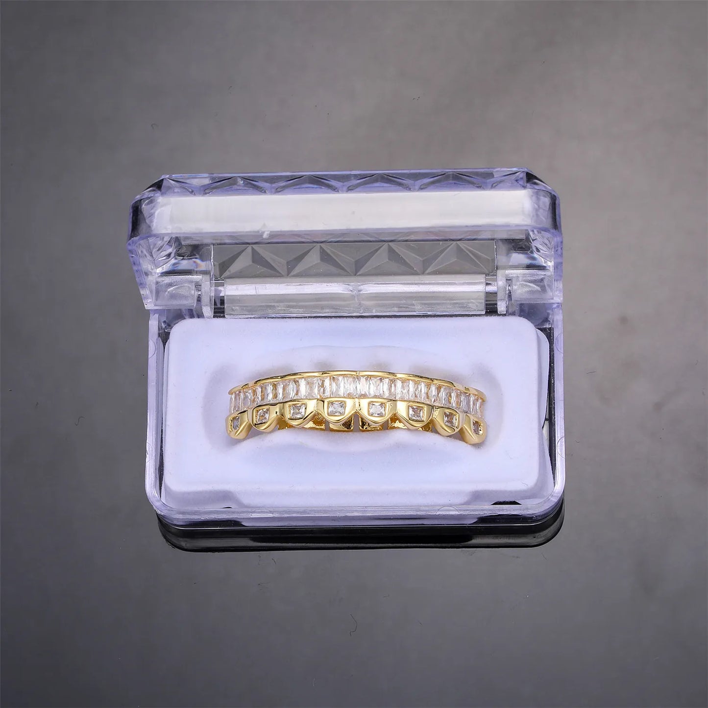 Baguette Teeth Grillz Set For Unisex Top Bottom Iced Out Cubic Zircon Stone Brass Material Hip Hop