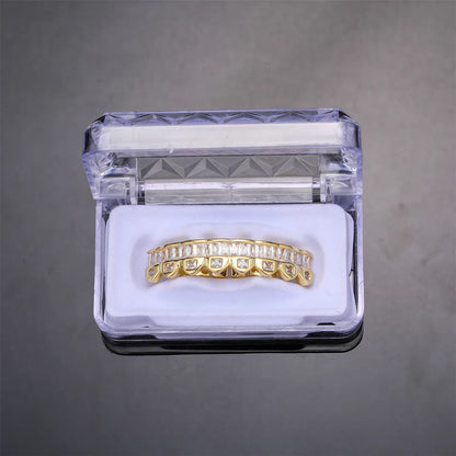 Baguette Teeth Grillz Set For Unisex Top Bottom Iced Out Cubic Zircon Stone Brass Material Hip Hop