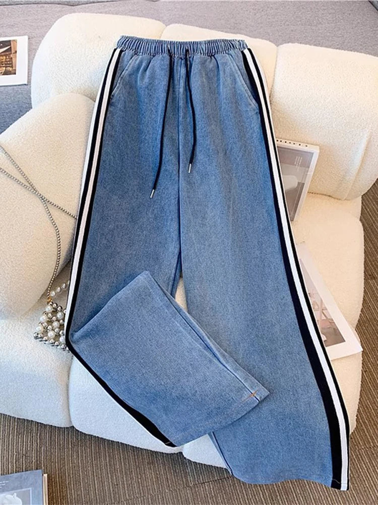 Women Preppy Style Patchwork Contrast Denim Sets Stand Collar Elastic Jeans 2 Piece Suit Streetwear Comfort