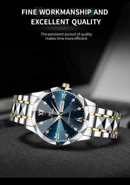 Men Watch Water Diamond Luxury Night Glow Double Calendar Quartz Movement 41mm Blue Gold Stainless Steel