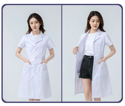 Hospital Clinical Uniforms Scrubs Lab Coat Pharmacy Short Sleeve Nurse Doctor Dress Medical Robe Women White Coat