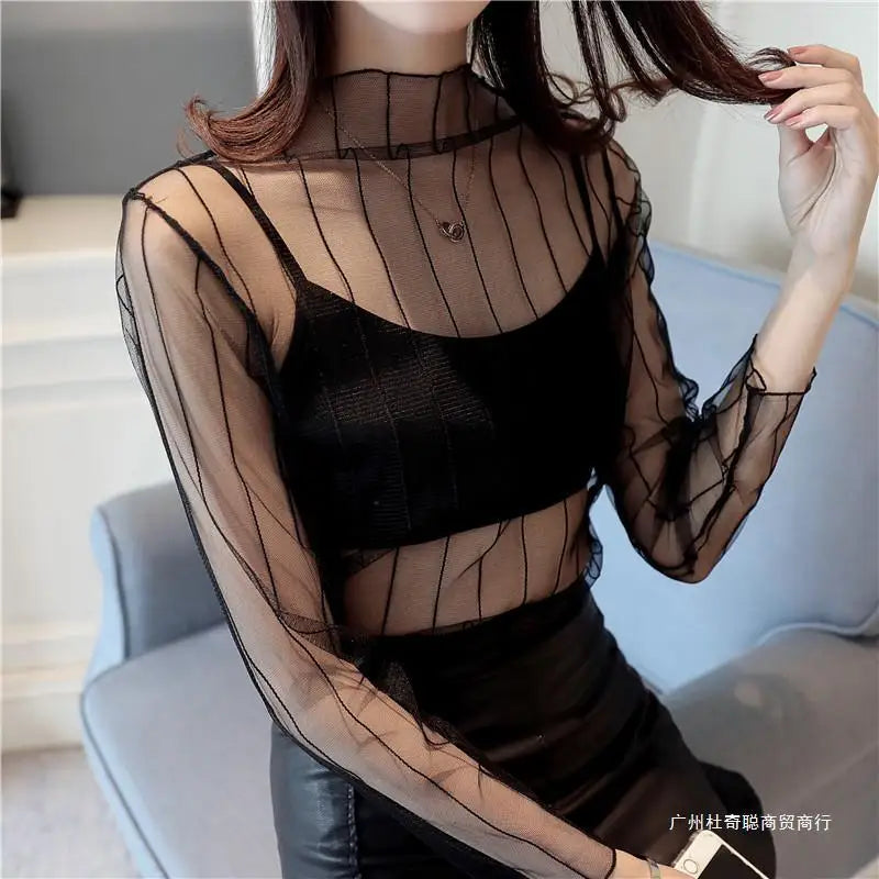 Hollow Out Mesh T-Shirt Transparent Mesh female Tops Long sleeve Basic Shirts SeeThrough Turtleneck