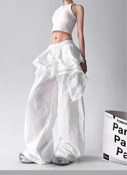 Y2K Black Cargo Pants Women Lace Patchwork White Wide Leg Pants