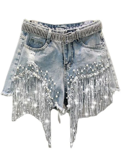 Elegant Shorts Lady Tassel Beading High Waist Wide Leg Denim Casual Solid Shorts Jeans