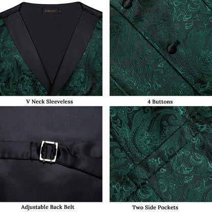 Men's Paisley Silk Suit Vest with Macthing Golden Paisley Neck Tie Handkerchief Cufflinks Wedding Prom Tuxedo Waistcoat
