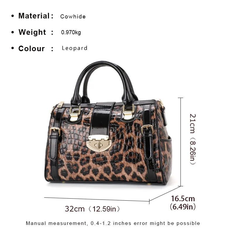 Leopard Handbag Leather Women's Bag Large Capacity Boston Bag Fashion Versatile Cowhide One Shoulder Crossbody Bag