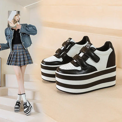 High quality 12cm Synthetic Genuine Leather Boot Ankle Platform Wedge High Brand Chunky Sneaker Shoes