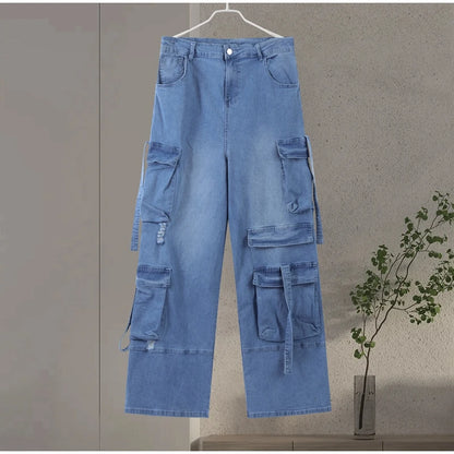 High Waist Cargo Denim Jeans With Full Rhinestones Sparkling Casual Baggy Pants Streetwear Chic Daily Trousers