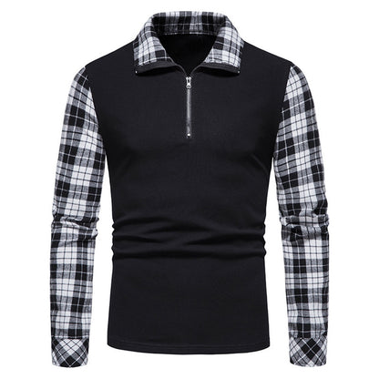 Men's Polo Shirt Zipper Long Sleeve Business Pullover Tops Formal Work Plaid