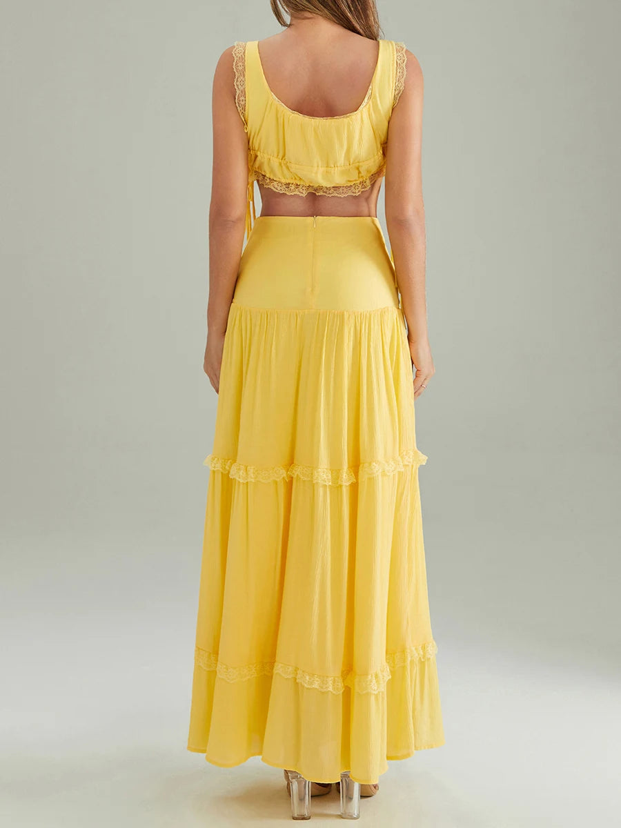 Summer 2Pcs Outfits Lace Trim Sleeveless U-Neck Tank Tops with Long Skirt Set Yellow / M / United States Yellow / S / United States WHITE / S / United States Yellow / M / United States-Yellow / S / United States-WHITE / S / United States-Yellow / L / United States-WHITE / L / United States-WHITE / M / United States-