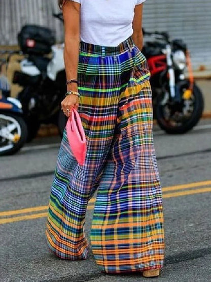 Oversized High Waist Wide Leg Pants Checkerboard Printed Casual High Street Trousers
