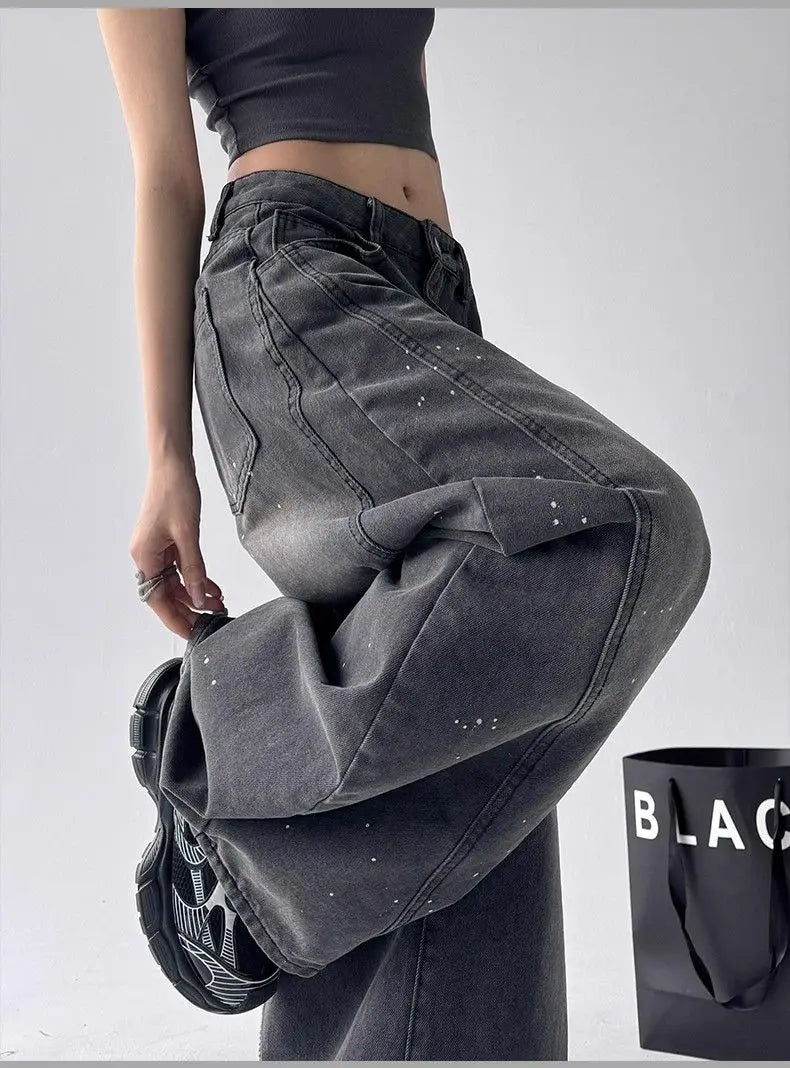 Women's Black Gothic Jeans Cargo Baggy Trousers Y2K American Harajuku High Street 2000S Aesthetic Wide Leg Jeans Pants 2025 New
