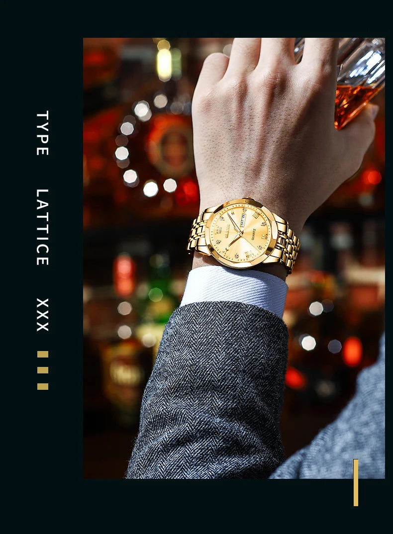 Gold Original Quartz Wristwatch Waterproof Luminous Watch for Male Rhombus Mirror Date Week